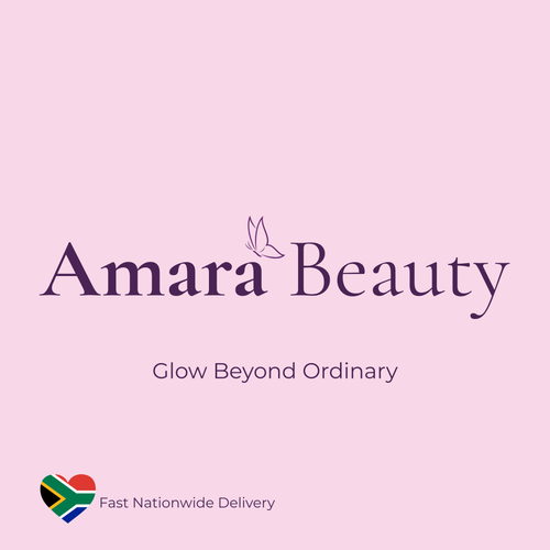Amara Beauty logo on a pink background with 'Glow Beyond Ordinary' text.